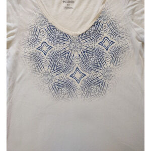 Womens Size S Off White Short Sleeve Geometric Design Round Neck Top